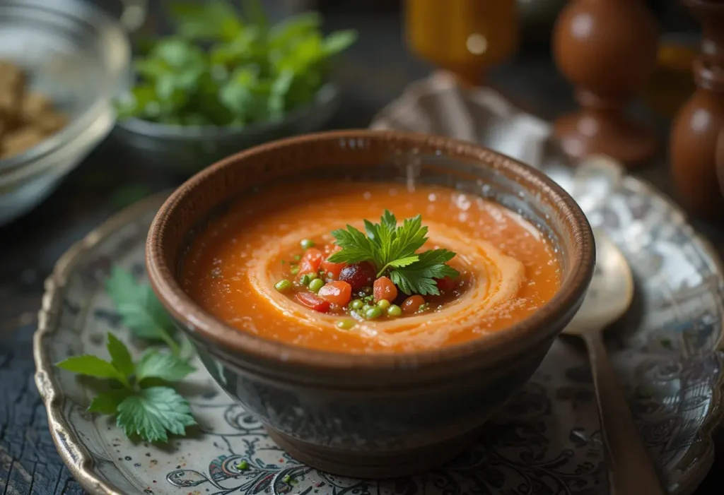 Bright and refreshing bowl of gazpacho garnished with diced vegetables, fresh herbs, and a drizzle of olive oil.