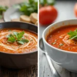 Two bowls side by side: one filled with chilled gazpacho garnished with diced vegetables, and the other with warm tomato soup topped with fresh basil.