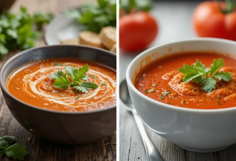 Two bowls side by side: one filled with chilled gazpacho garnished with diced vegetables, and the other with warm tomato soup topped with fresh basil.