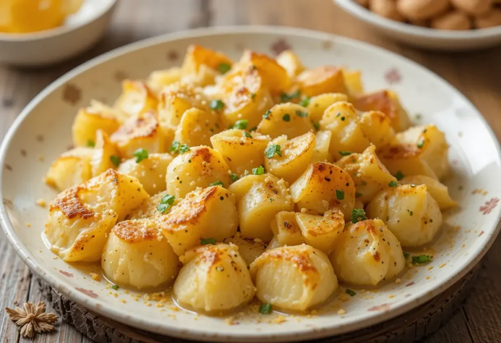 Golden brown scalloped potatoes garnished with fresh herbs, served on a white plate with a rustic design.