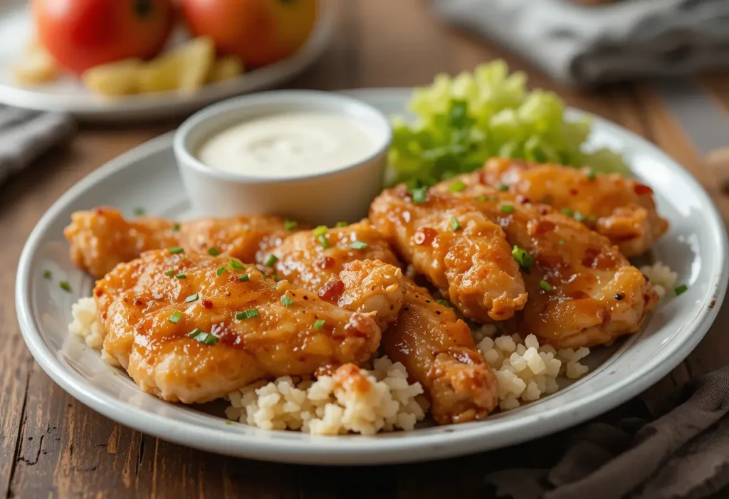 Golden-brown chicken tenders coated in a sticky honey and apple glaze, placed on a ceramic dish.