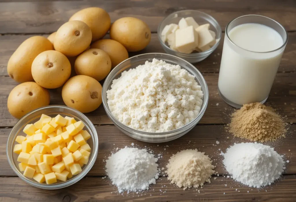 Ingredients for scalloped potatoes, including whole potatoes, cheese powder, milk, butter, and flour, arranged on a wooden table.