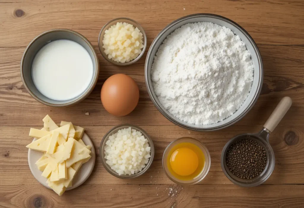 Ingredients for a soufflé, including milk, flour, eggs, cheese, and black pepper, arranged neatly on a wooden surface.