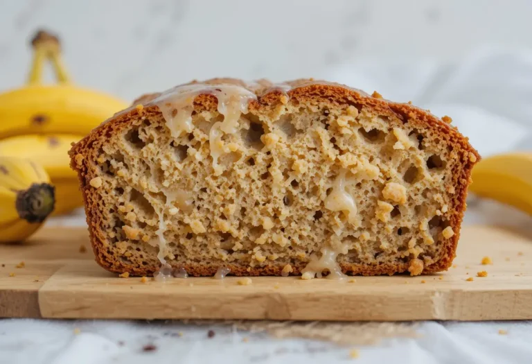 A close-up of a freshly sliced banana bread on a wooden cutting board, showcasing its moist and fluffy texture.