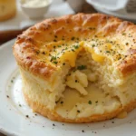 A beautifully baked parmesan and black pepper soufflé served on a white plate, with a golden, fluffy crust and a creamy interior, garnished with fresh herbs and ground black pepper.