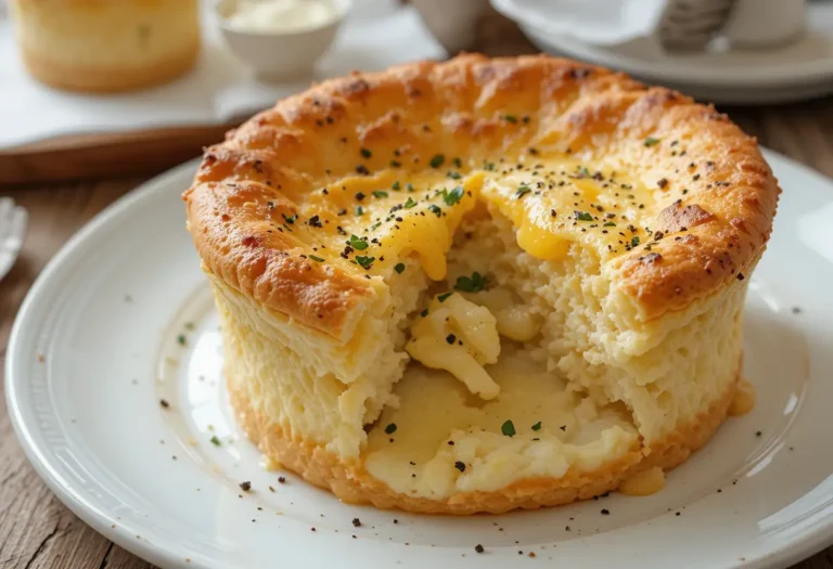 A beautifully baked parmesan and black pepper soufflé served on a white plate, with a golden, fluffy crust and a creamy interior, garnished with fresh herbs and ground black pepper.