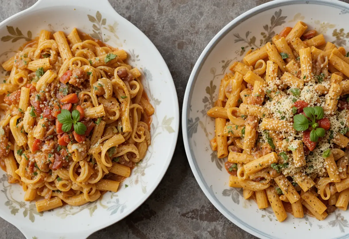 Two bowls showcasing the difference between ziti and rigatoni, with rich tomato sauce, fresh herbs, and grated cheese toppings.