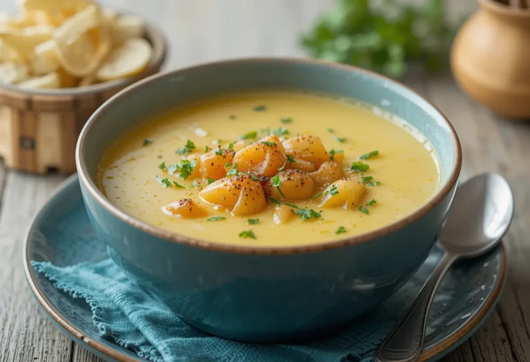 Creamy potato soup garnished with fresh chives.