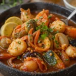 A vibrant seafood boil with shrimp, scallops, mussels, and vegetables in a rich, flavorful sauce garnished with lemon slices and parsley.