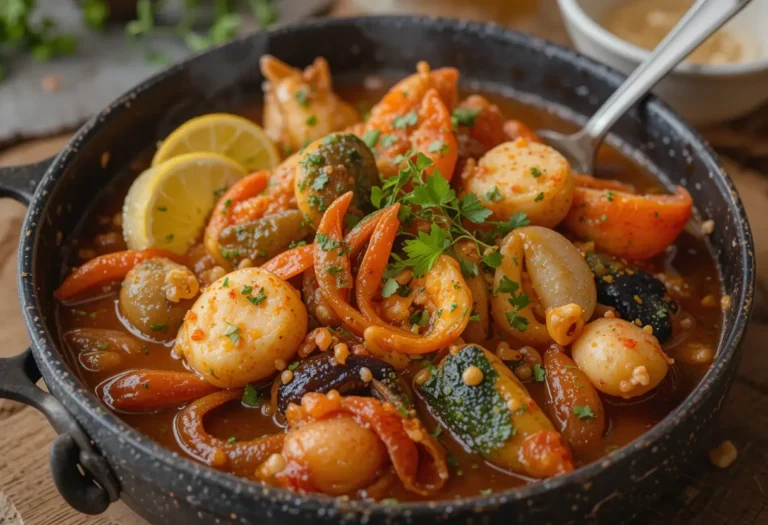 A vibrant seafood boil with shrimp, scallops, mussels, and vegetables in a rich, flavorful sauce garnished with lemon slices and parsley.