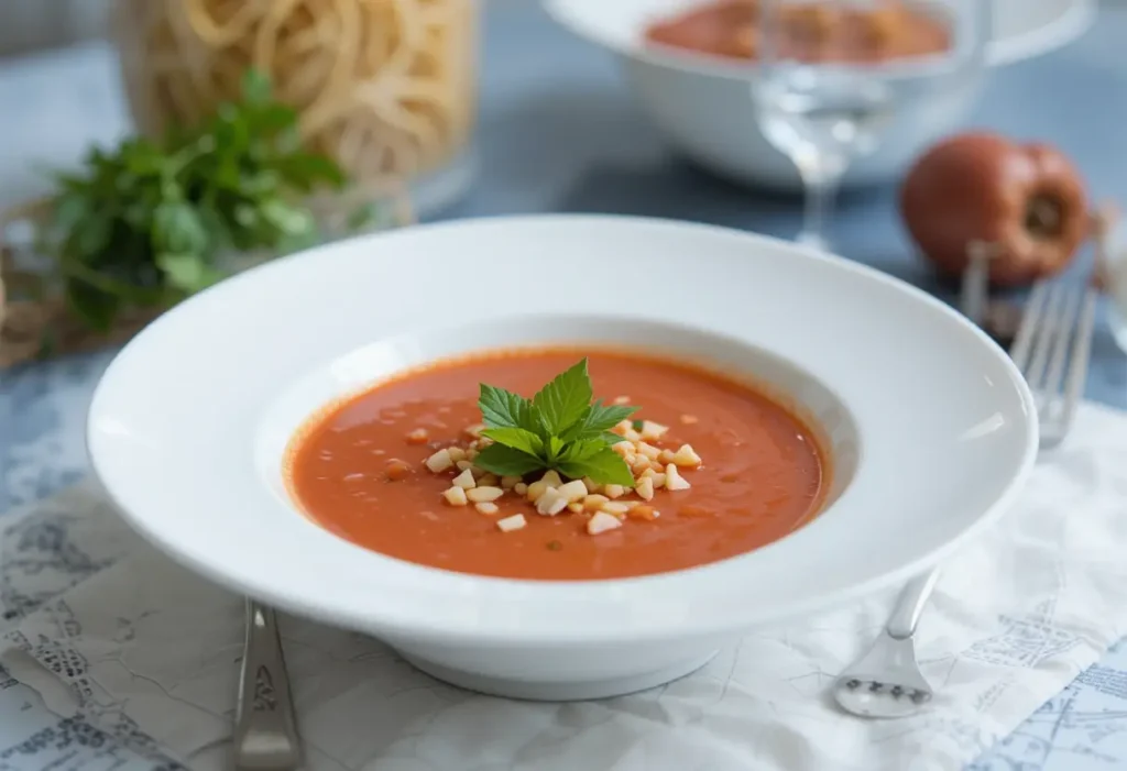 Warm and creamy bowl of tomato soup topped with fresh basil leaves  .