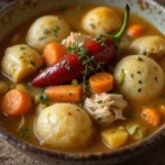 A bowl of Jamaican chicken soup with dumplings and vegetables.