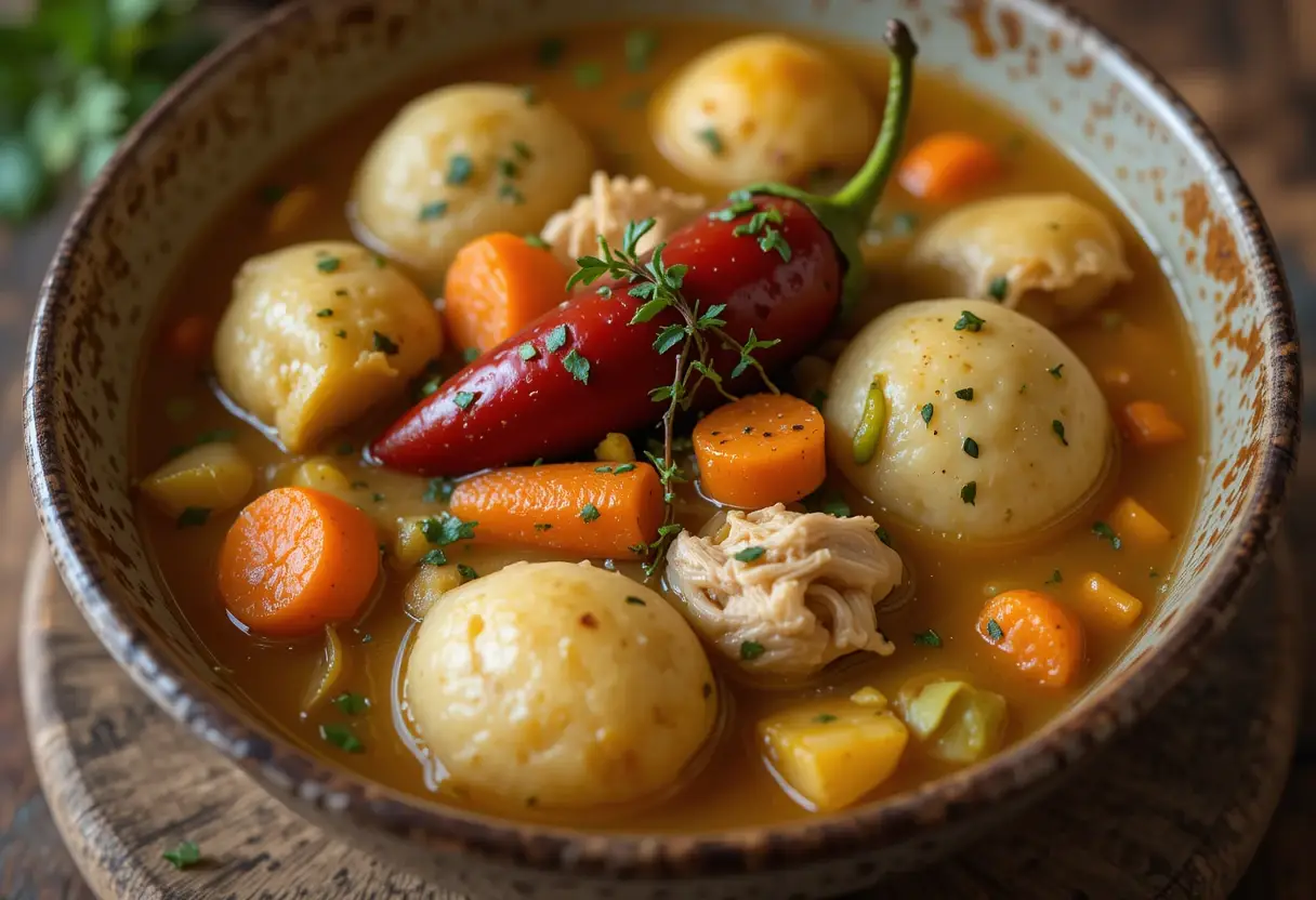 A bowl of Jamaican chicken soup with dumplings and vegetables.