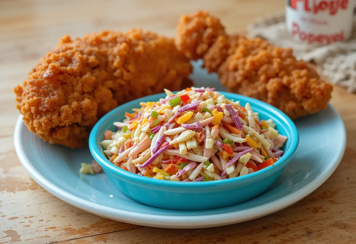A bowl of colorful coleslaw served with crispy fried chicken.