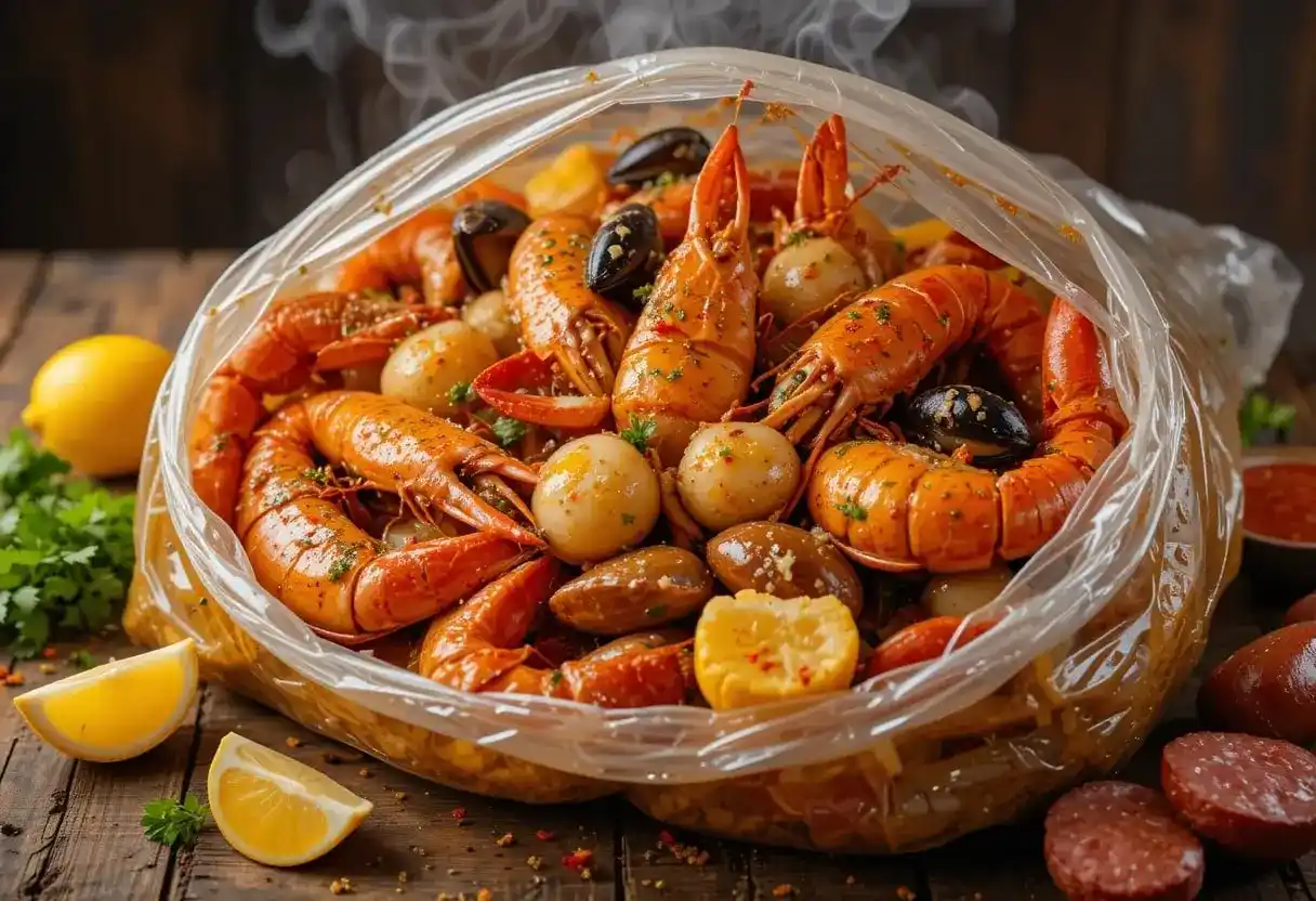 A steaming seafood boil in a clear plastic bag with shrimp, mussels, potatoes, corn, and sausage, garnished with herbs and lemon wedges.