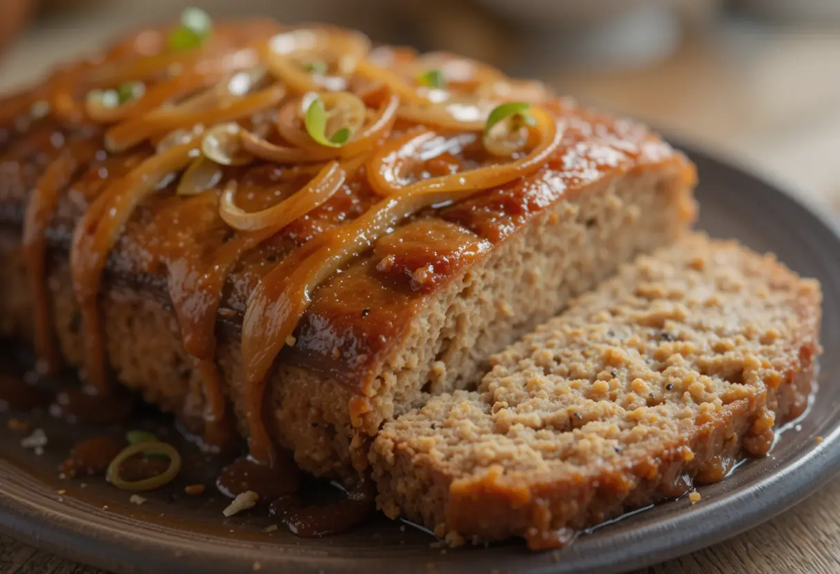 A sliced French onion meatloaf topped with caramelized onions and glaze, served on a rustic plate.