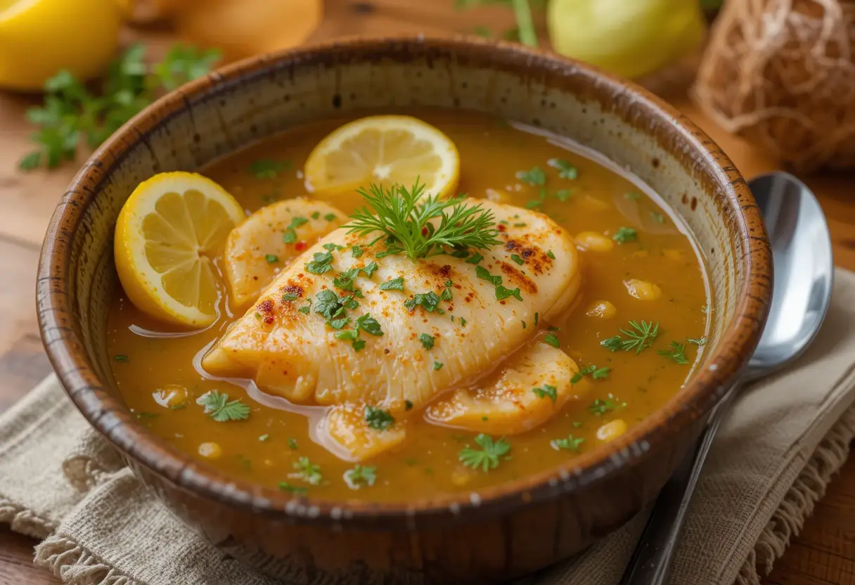A warm bowl of fish soup featuring poached white fish, garnished with fresh herbs and lemon slices. This flavorful seafood dish answers the question, What Kind of Fish is Best for Soup?, showcasing options like cod, tilapia, and halibut in a rich, spiced broth.