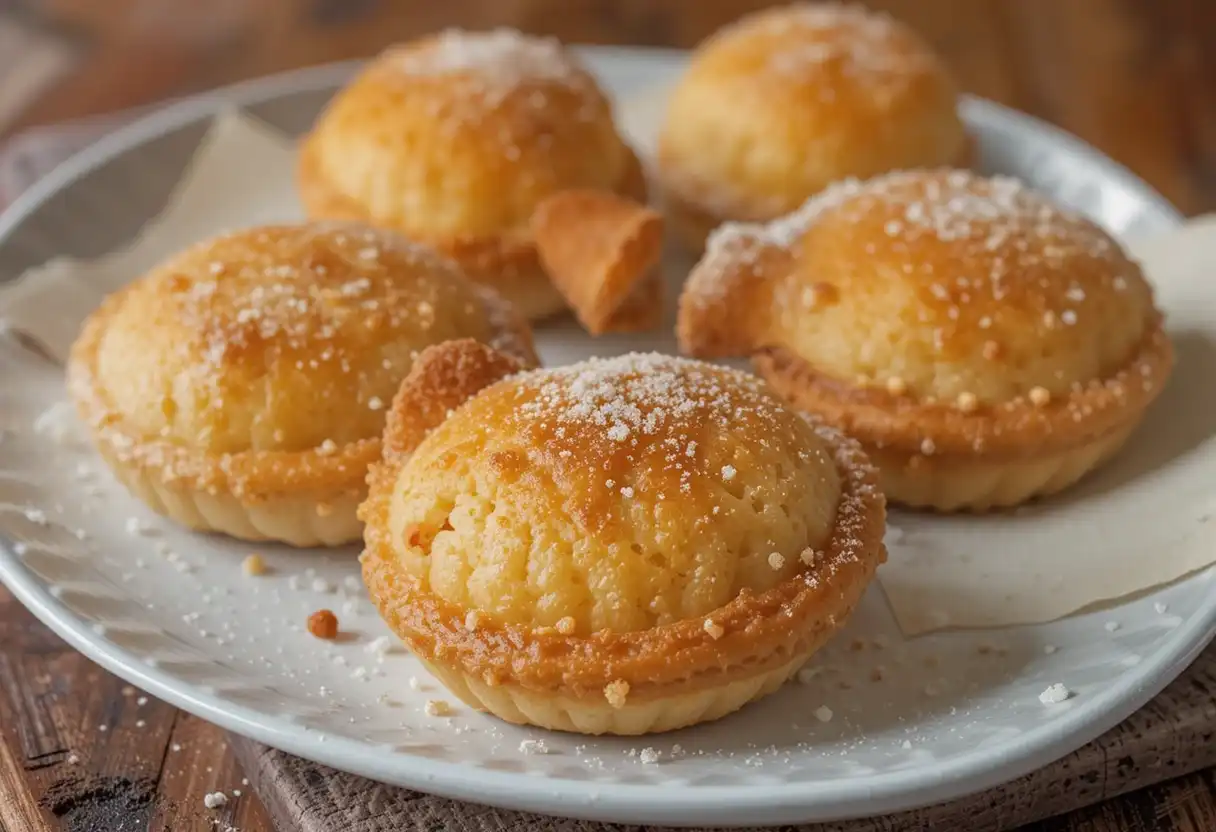 Golden-brown Madeline cookies dusted with powdered sugar.