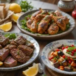 A Mediterranean feast featuring Mediterranean Spiced Lamb, Sumac & Lemon Grilled Chicken, and Roasted Eggplant & Tahini Salad.