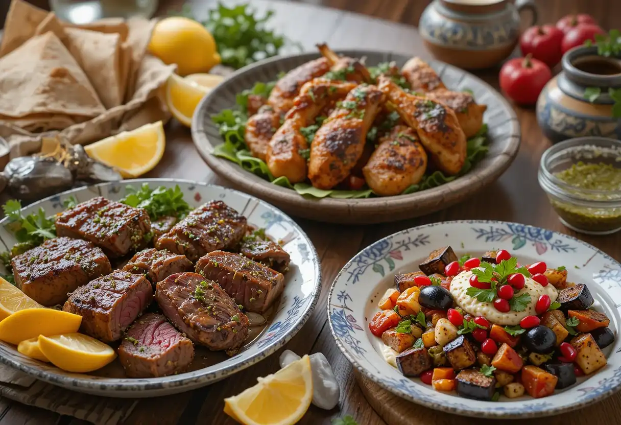 A Mediterranean feast featuring Mediterranean Spiced Lamb, Sumac & Lemon Grilled Chicken, and Roasted Eggplant & Tahini Salad.