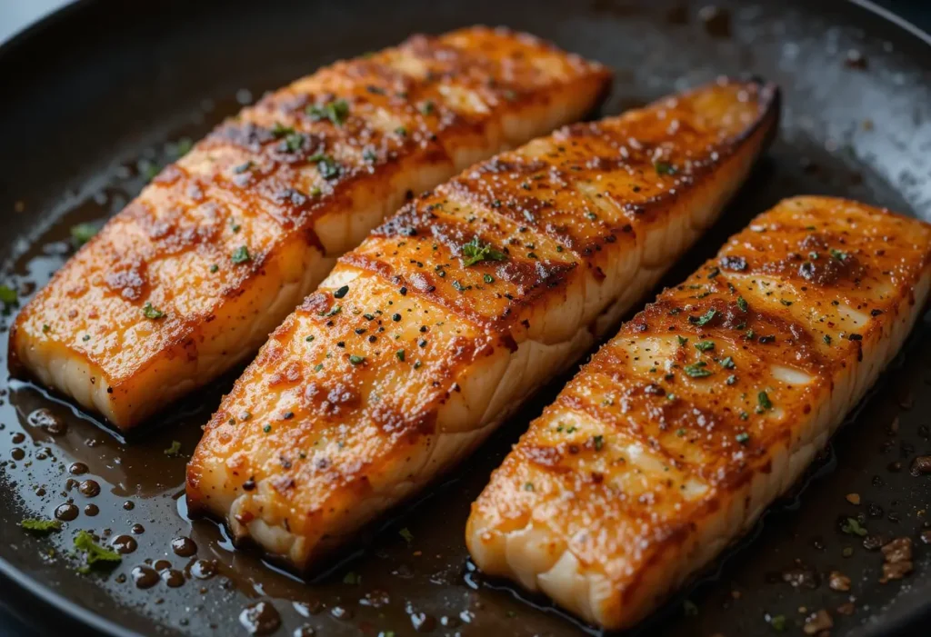  Three smoked mullet fillets with a crispy, golden-brown crust, garnished with herbs and served on a black skillet.