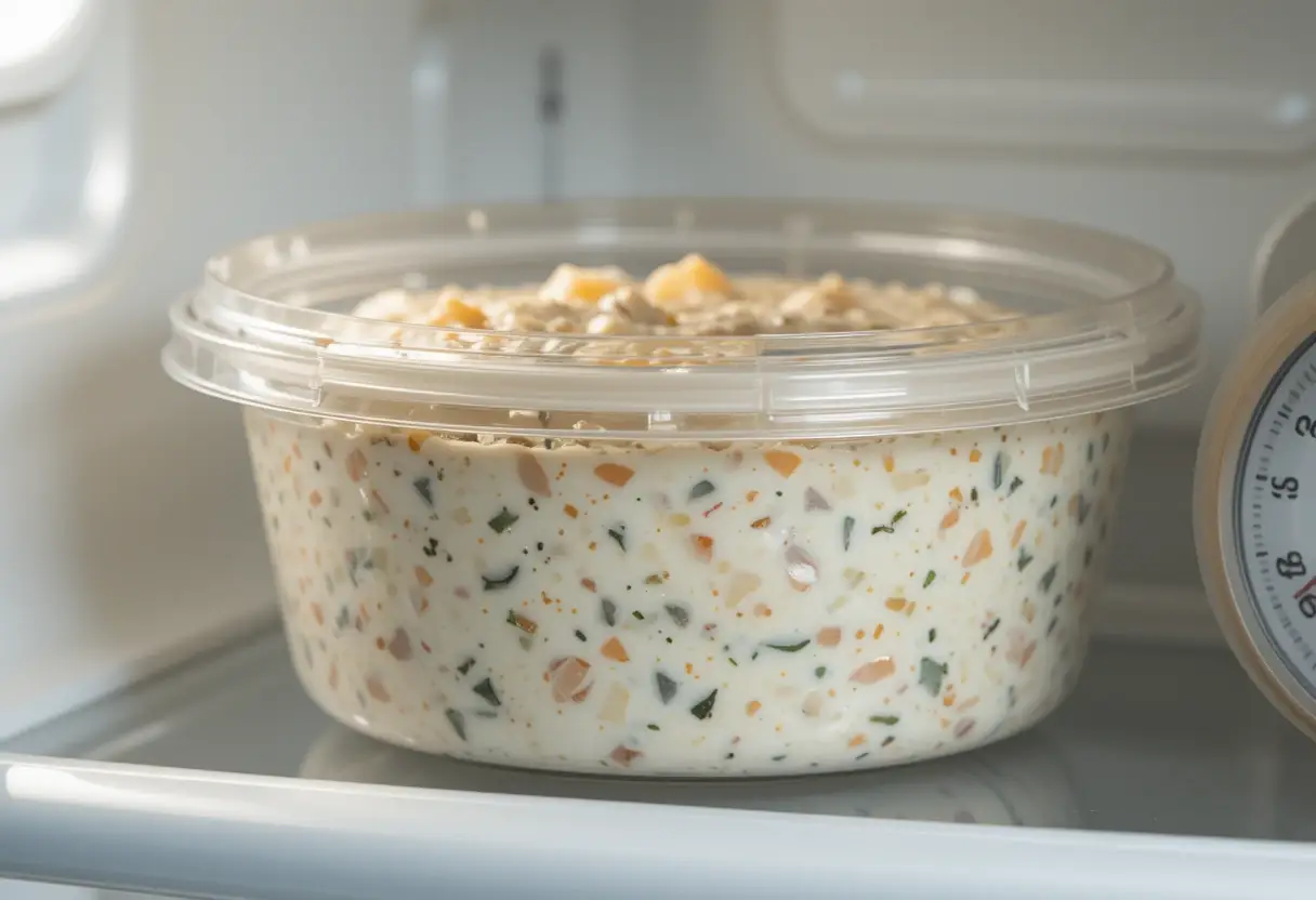 A sealed plastic container filled with smoked fish dip, stored in a refrigerator with a temperature gauge nearby.