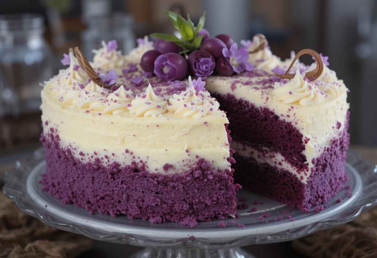 Purple velvet cake with cream cheese frosting