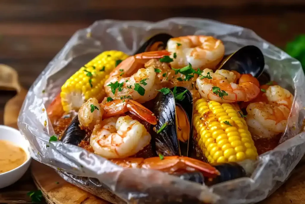 A Seafood Boil in a Bag with shrimp, mussels, potatoes, and corn, served steaming hot with buttery seasoning and a side of dipping sauce.