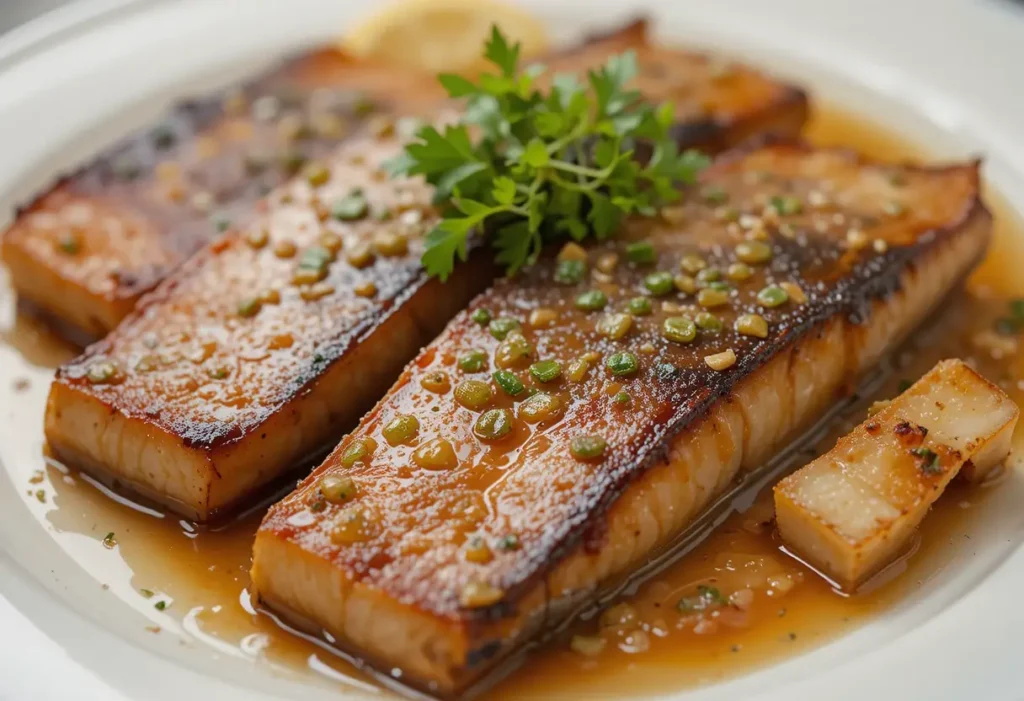 Smoked mullet fillets glazed with a rich, flavorful sauce, garnished with green herbs and served on a white plate.