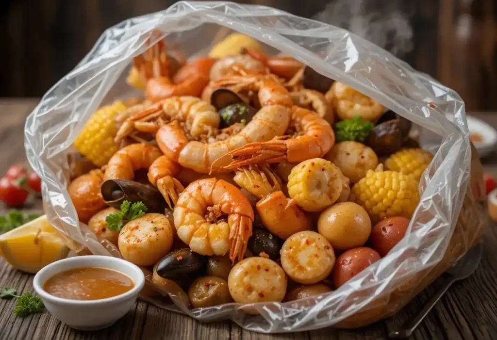 A Seafood Boil in a Bag with shrimp, mussels, potatoes, and corn, served steaming hot with buttery seasoning and a side of dipping sauce.