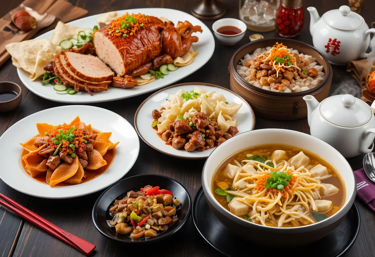 A beautifully arranged spread featuring 5 authentic traditional Chinese recipes, including dumplings, noodle soup, braised meats, stuffed meat roll, and steamed delicacies, served with tea on a dark wooden table.