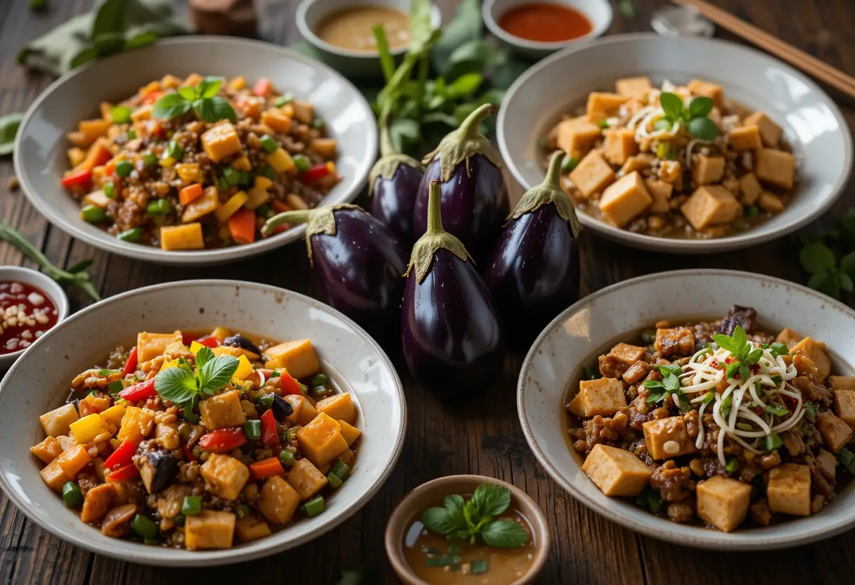 Thai eggplant recipes with tofu, colorful vegetables, and fresh herbs.