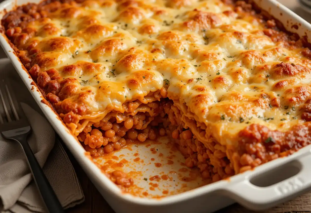 A freshly baked butter bean lasagna with golden cheese and basil garnish