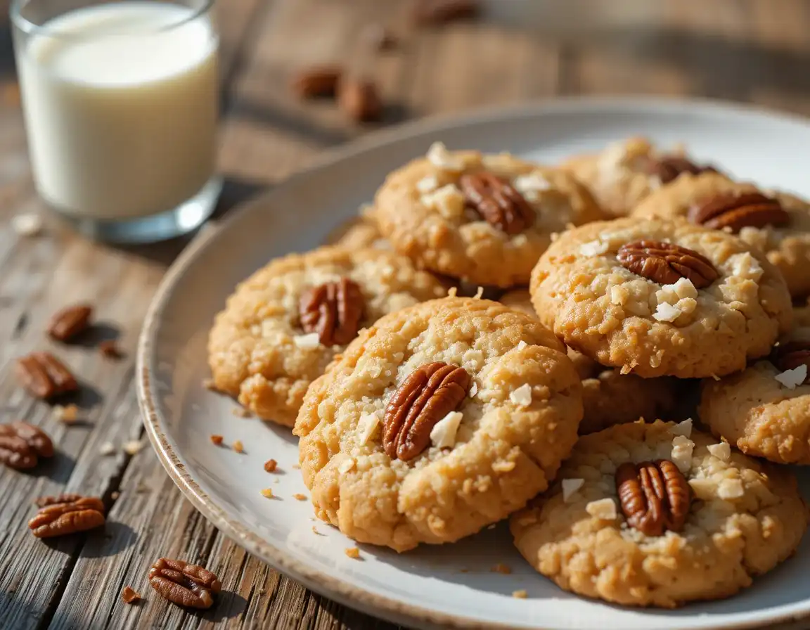 Plate of homemade coconut pecan cookies with a glass of milk.