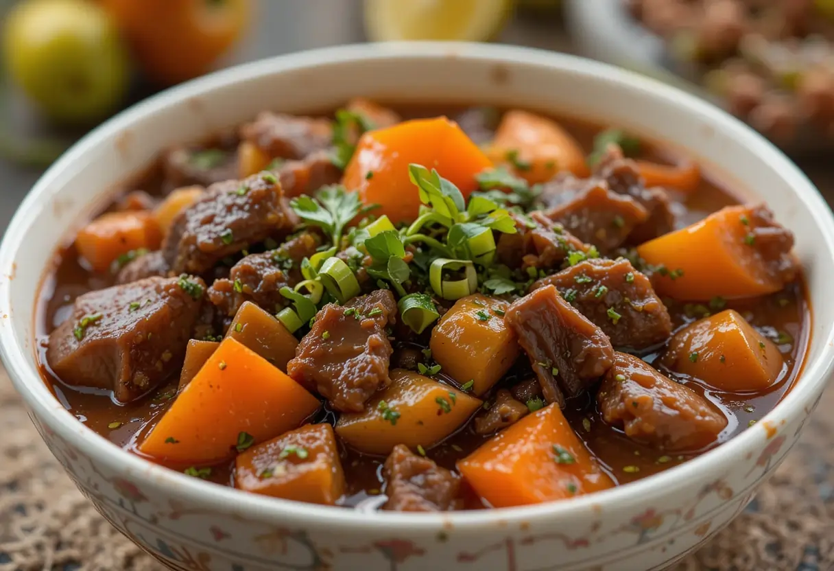 Hawaiian beef stew with tender chunks of beef, carrots, and potatoes in a rich tomato-based broth, garnished with fresh herbs.