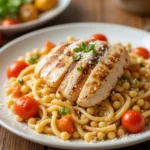 A bowl of chickpea pasta with grilled chicken, cherry tomatoes, and basil, served on a rustic wooden table.