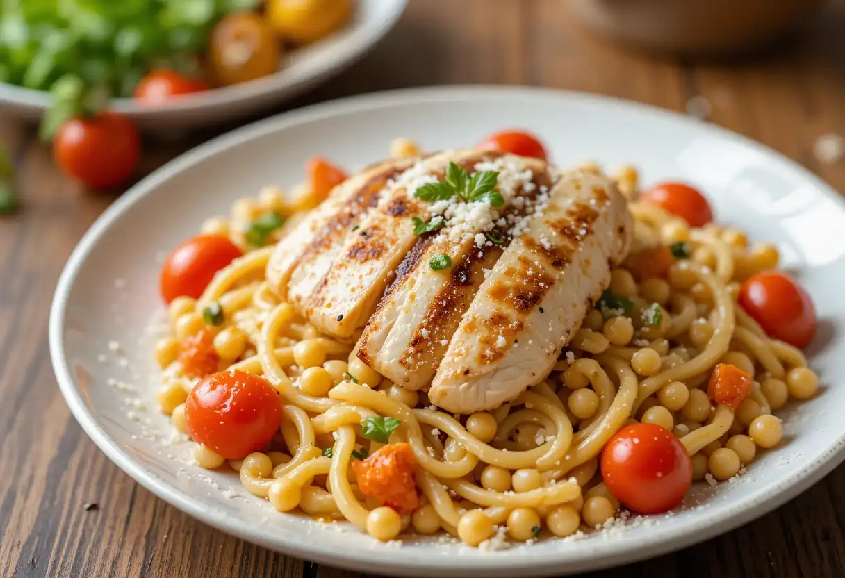 A bowl of chickpea pasta with grilled chicken, cherry tomatoes, and basil, served on a rustic wooden table.