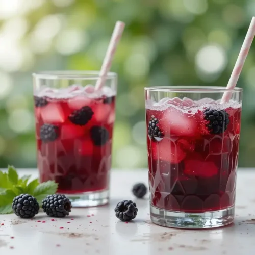 Fresh blackberry juice with ice cubes, garnished with whole blackberries and served with straws