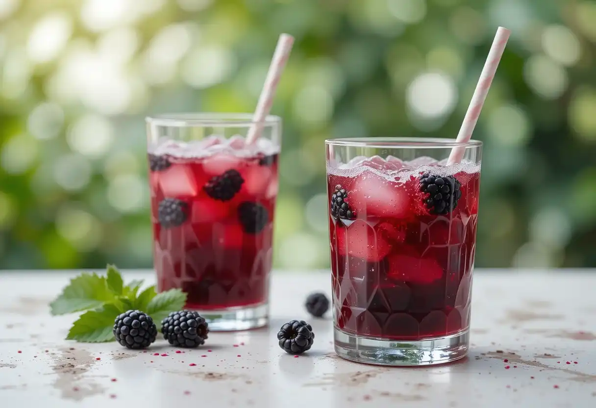 Fresh blackberry juice with ice cubes, garnished with whole blackberries and served with straws