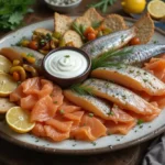 Smoked fish platter with slices of cold-smoked salmon and hot-smoked mackerel, lemon wedges, fresh dill, crackers, and creamy dip on a rustic serving plate.