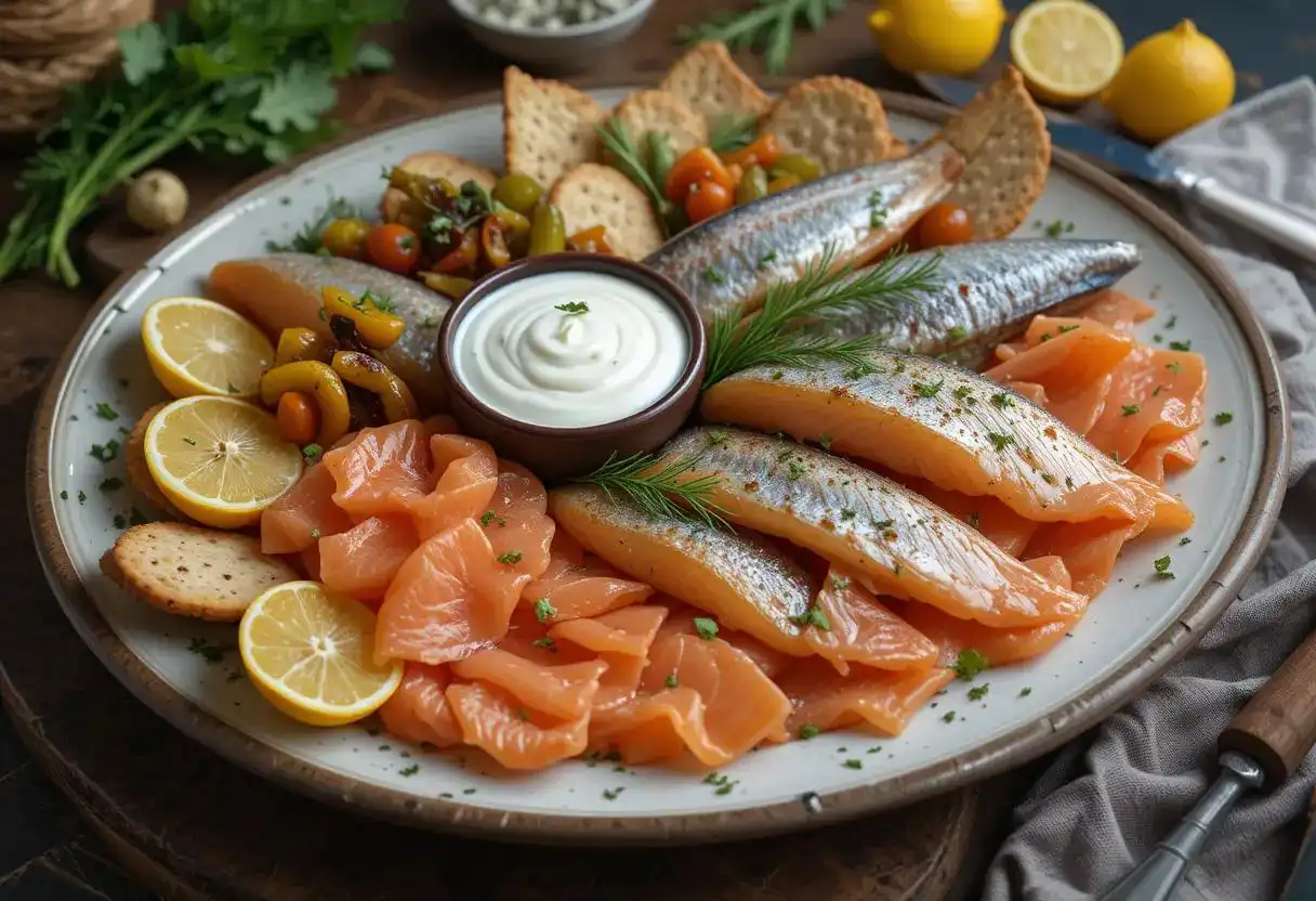 Smoked fish platter with slices of cold-smoked salmon and hot-smoked mackerel, lemon wedges, fresh dill, crackers, and creamy dip on a rustic serving plate.