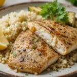 Grilled dorado fish fillet with lemon glaze and a side of green vegetables on a ceramic plate