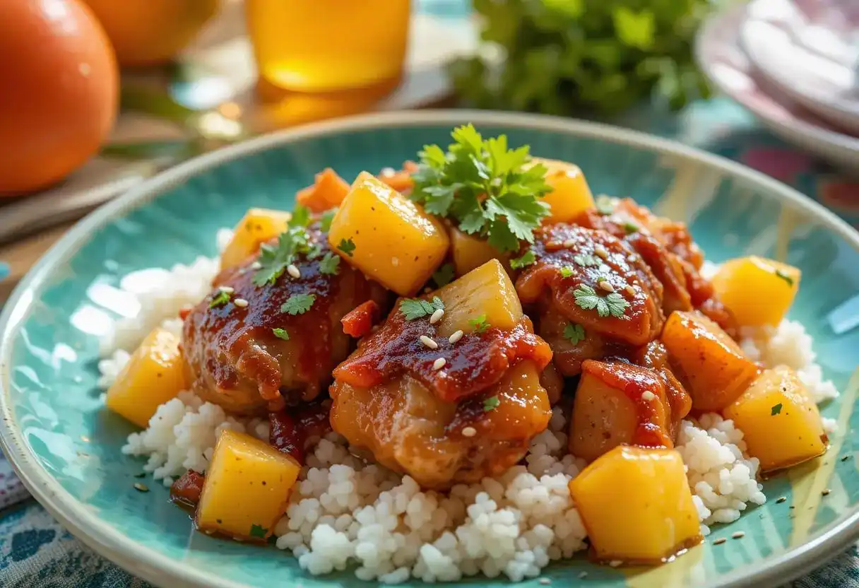 Sweet Hawaiian Crockpot Chicken with chunks of pineapple and BBQ sauce served over fluffy white rice