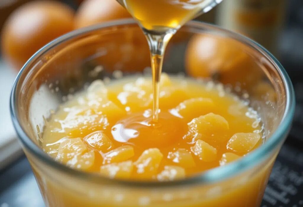 Golden syrup being poured into a glass of fresh orange juice with crushed ice.