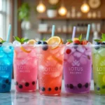 Assorted colorful Lotus energy drinks in clear cups with ice, fruit garnishes, and vibrant straws.