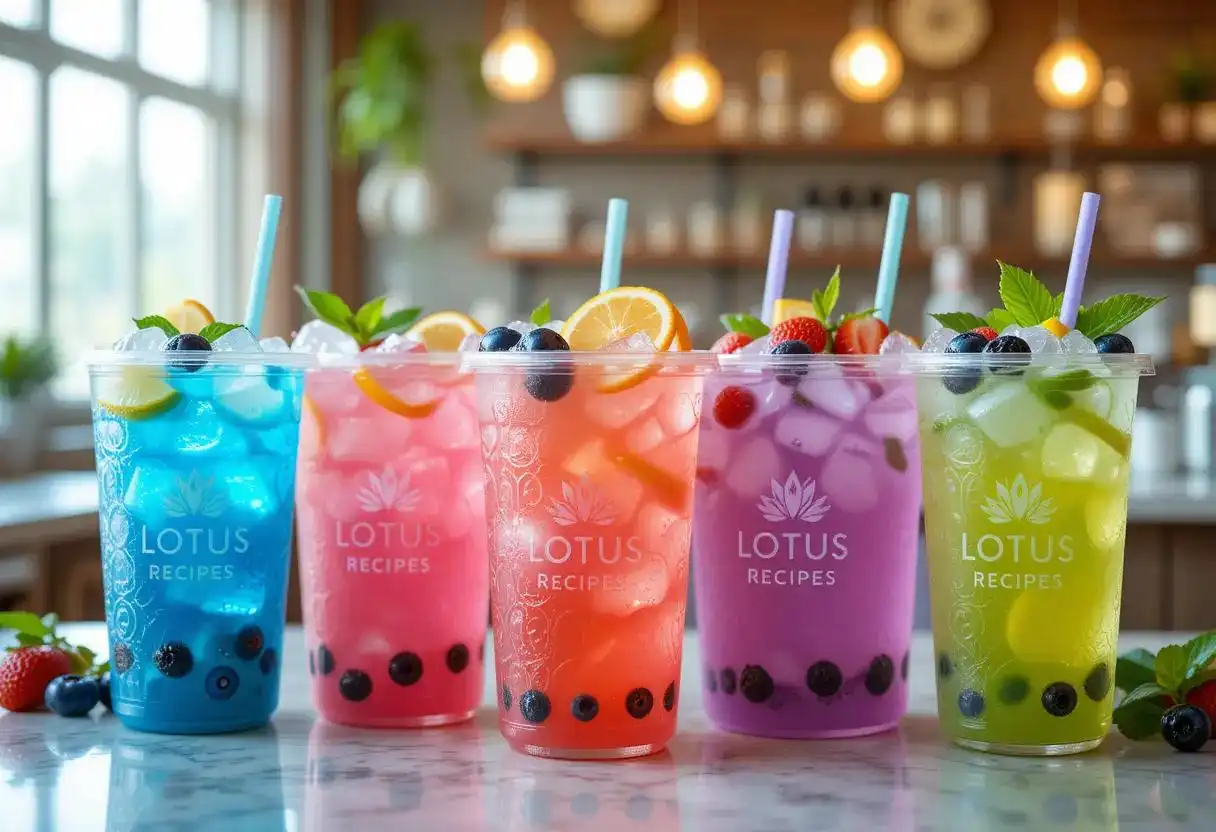 Assorted colorful Lotus energy drinks in clear cups with ice, fruit garnishes, and vibrant straws.