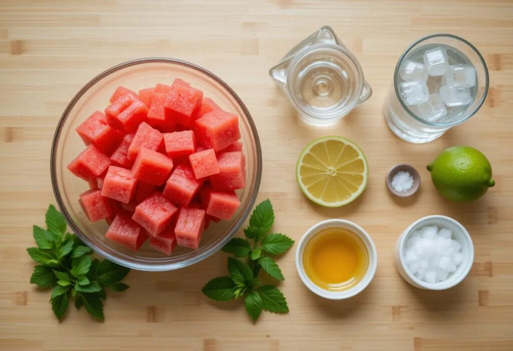 Fresh watermelon cubes, mint leaves, lime, honey, sparkling water, ice cubes, and salt.