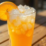 A glass of fresh orange crush drink filled with crushed ice and garnished with a vibrant orange slice on the rim.