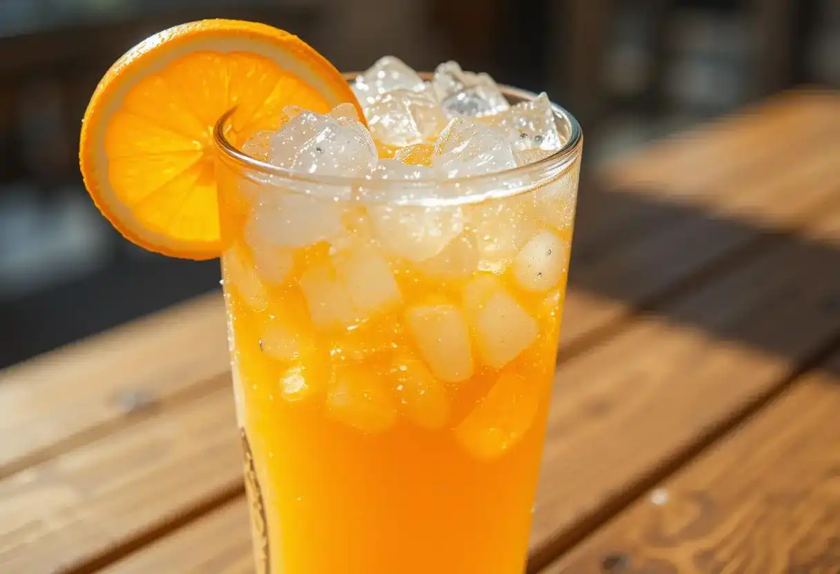 A glass of fresh orange crush drink filled with crushed ice and garnished with a vibrant orange slice on the rim.