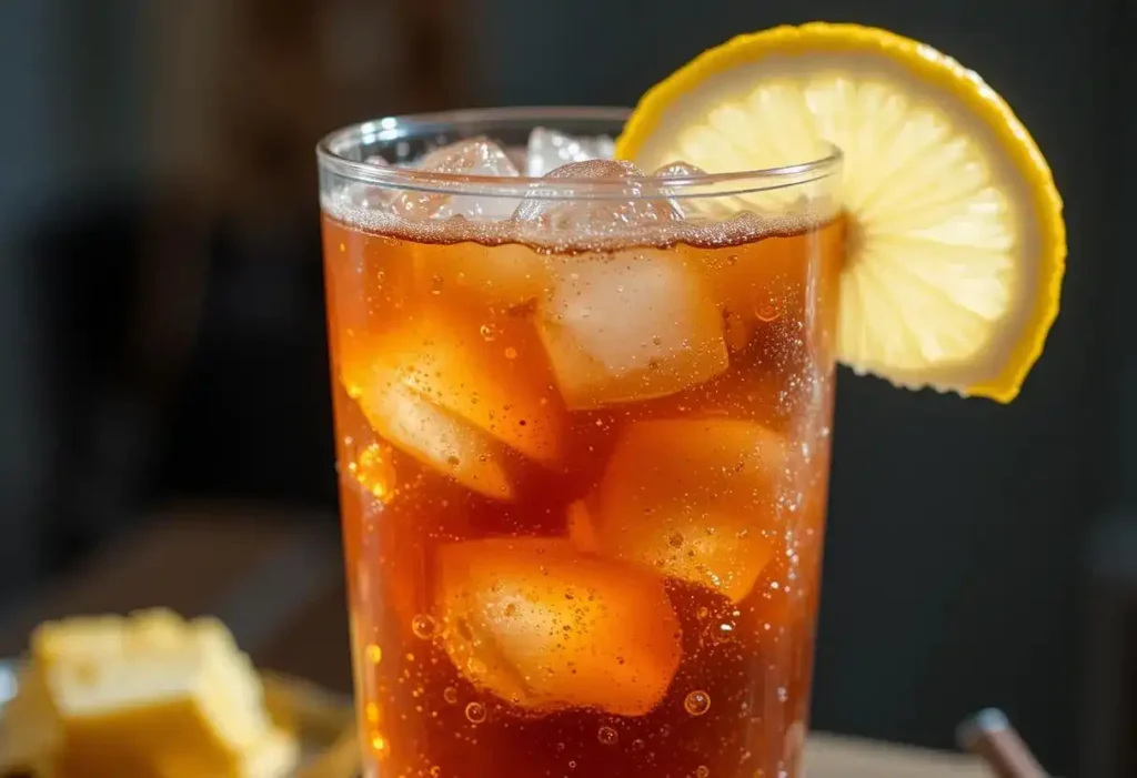 Chilled glass of Lotus Iced Tea Fizz filled with ice cubes and garnished with a lemon slice, perfect for a refreshing summer beverage